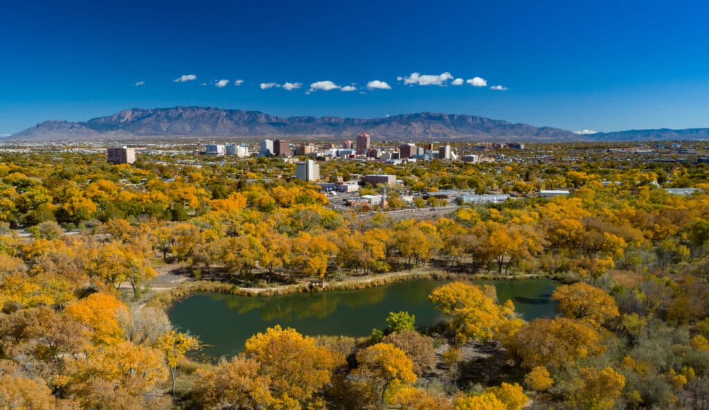 Albuquerque Skyline During Autumn With Trees And Lake