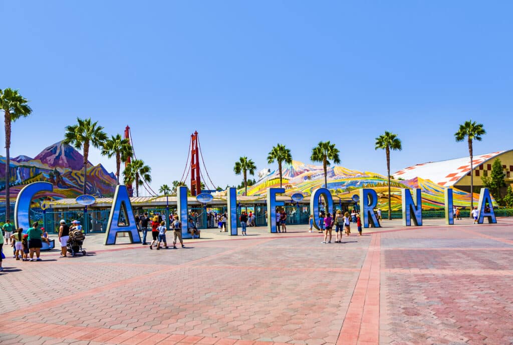 California sign in front of disney in Anahiem, CA