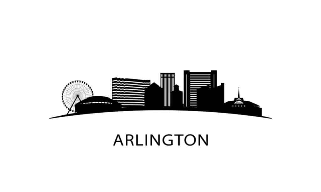 Arlington city Texas skyline. Black cityscape isolated on white background