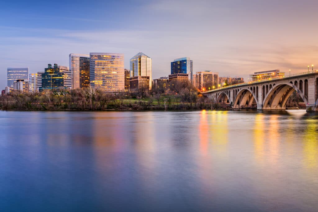 skyline photo of arlington financial district with views of lake and bridge