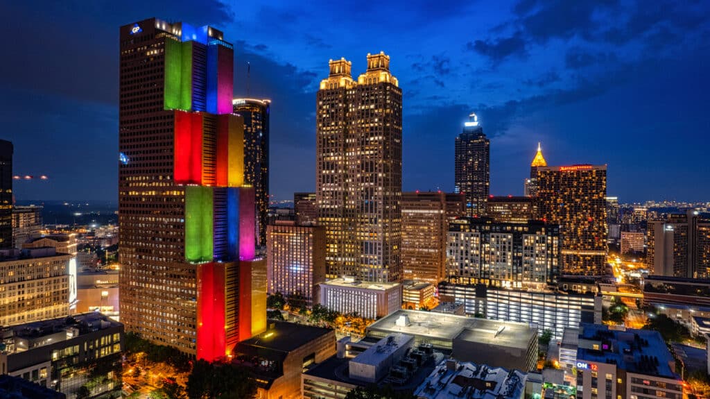 Atlanta, GA building illuminated during Pride month