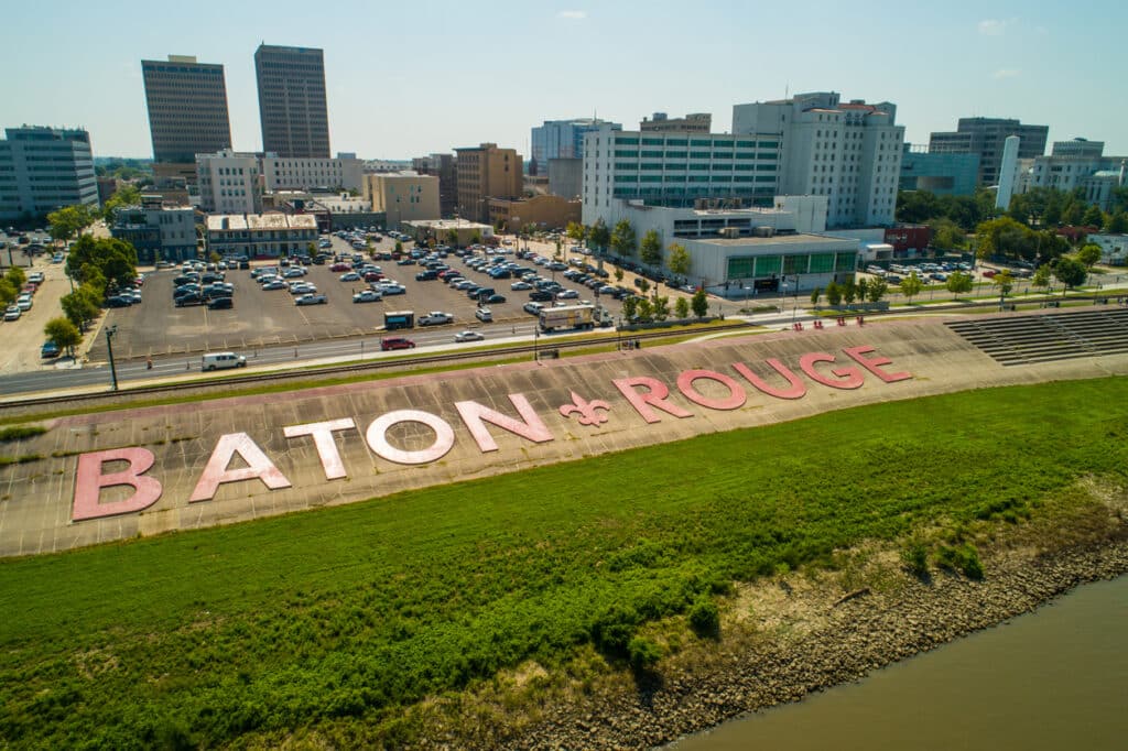Aerial image of Downtown Baton Rouge by the Mississippi River