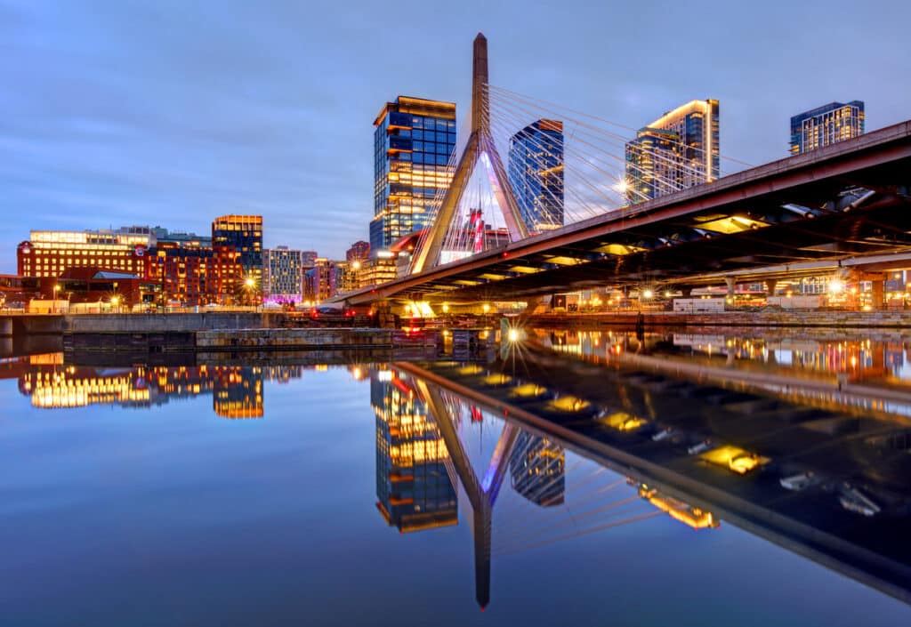 Zakim Bridge in Boston, Massachusetts, The bridge is a cable-stayed bridge completed