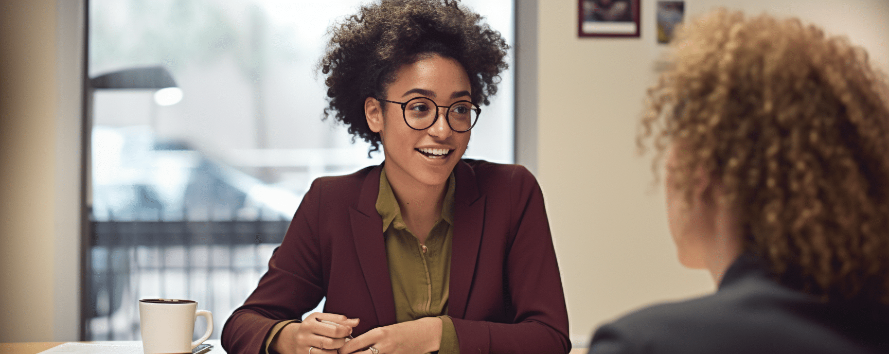 Woman speaking to person across desk