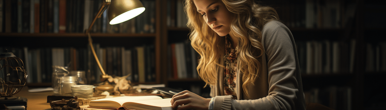 woman reading book in library