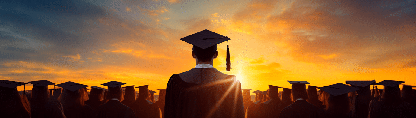 graduation students wearing graduation caps with sunset