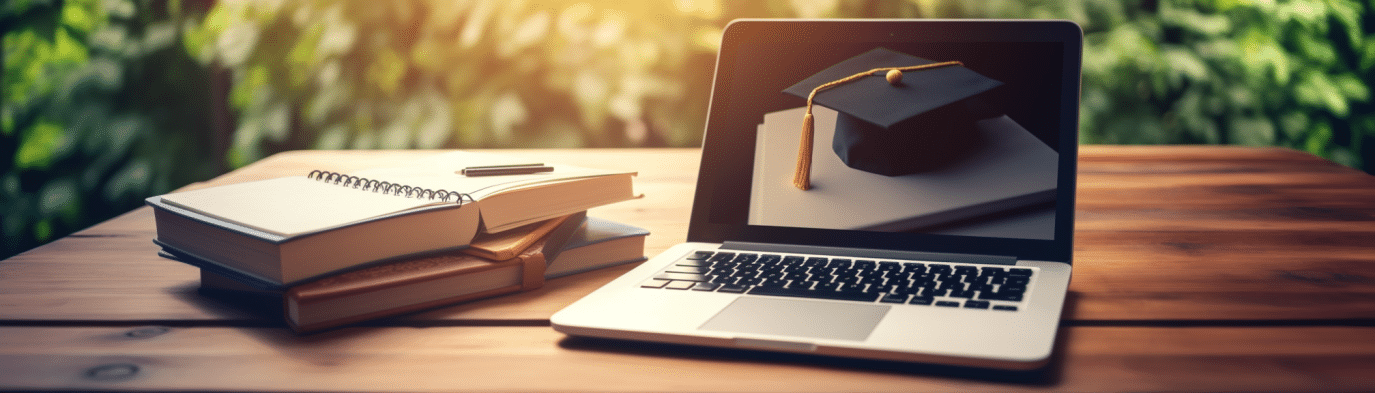 a laptop screen shows a graduation cap