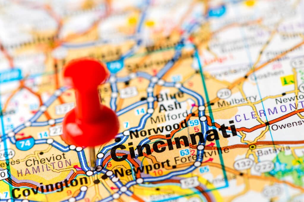 US capital cities on map series: Cincinnati, OH