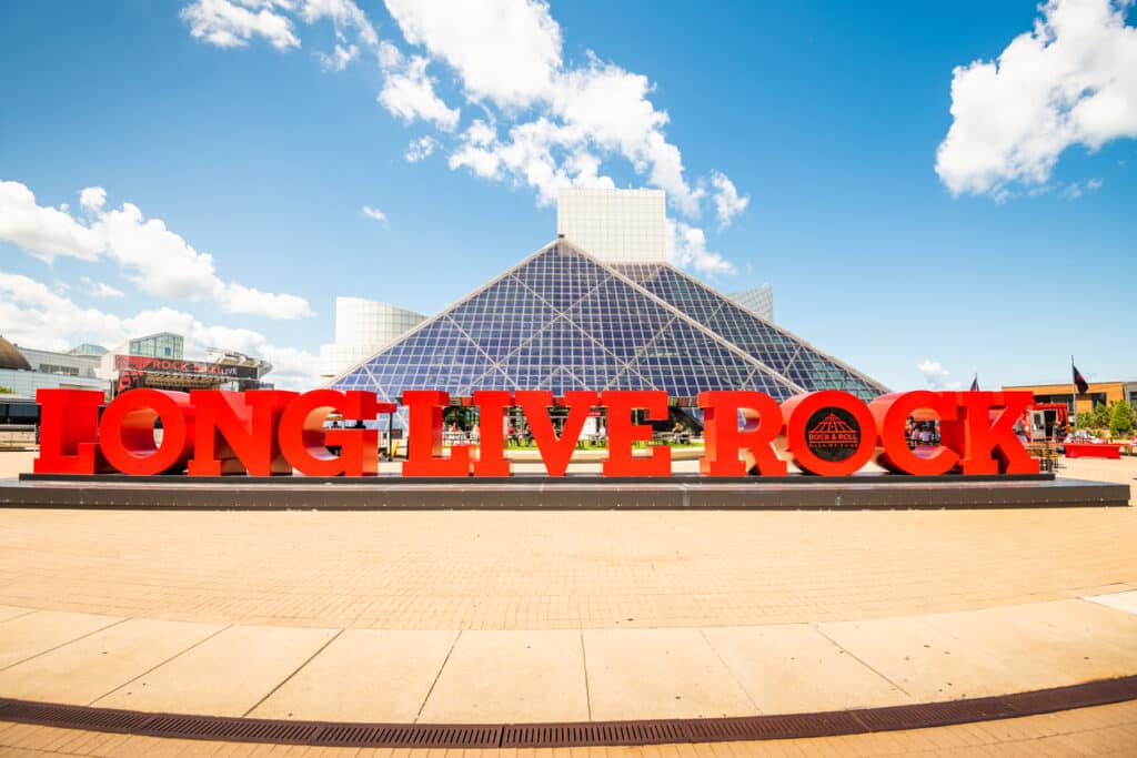 Rock and Roll Hall of Fame entrance. Reading "Long Live Rock" in bright red in Cleveland, OH