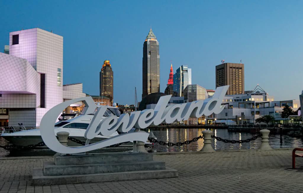 Twilight and sunset pictures of downtown Cleveland and Lake Erie