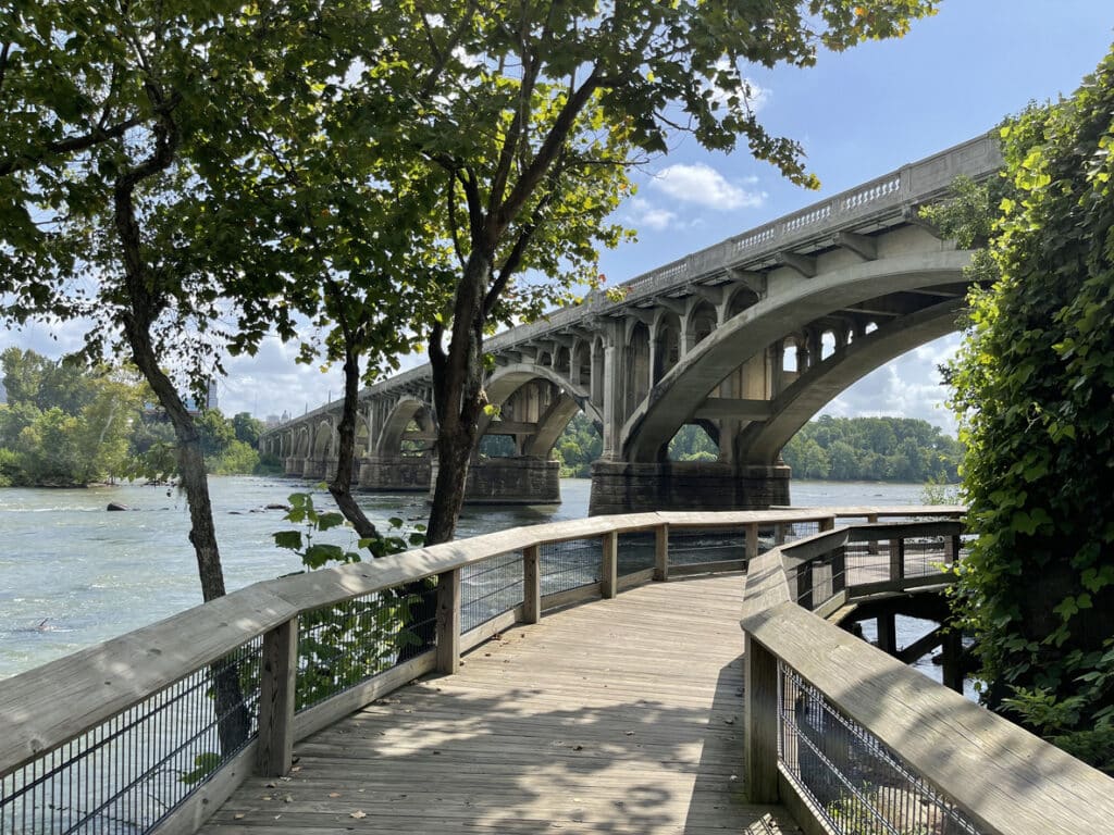 Gervais Street Bridge from Cayce Riverwalk meet next to the river 