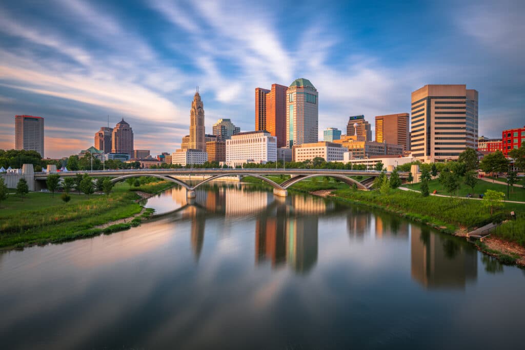 Columbus, Ohio, USA skyline on the Scioto River on the afternoon.