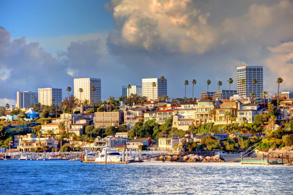 Newport Beach, California skyline shot with ocean in the frame near Costa Mesa, CA 