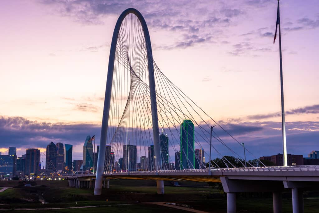 The Margret Hunt Hill Bridge and Dallas Skyline.