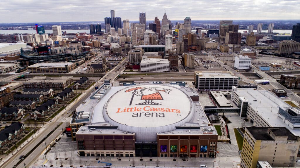 An aerial view of Little Caesars Arena in Detroit, MI