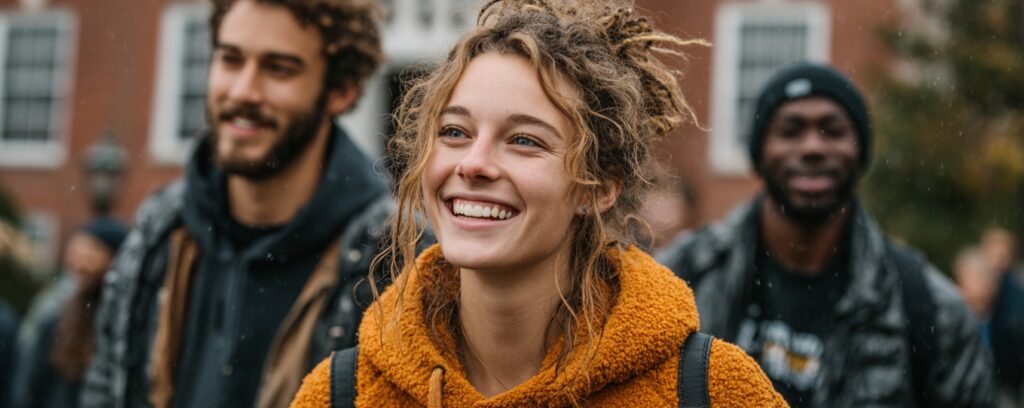 Smiling graduate student walking on a college campus with peers in the background.