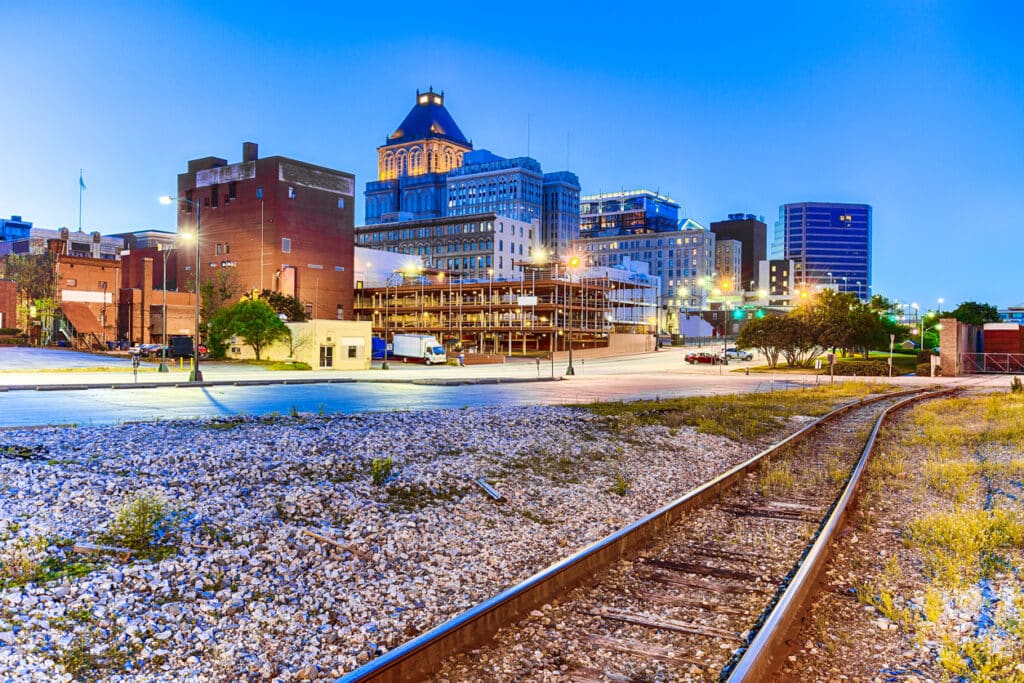 Downtown Greensboro, North Carolina in the evening. 