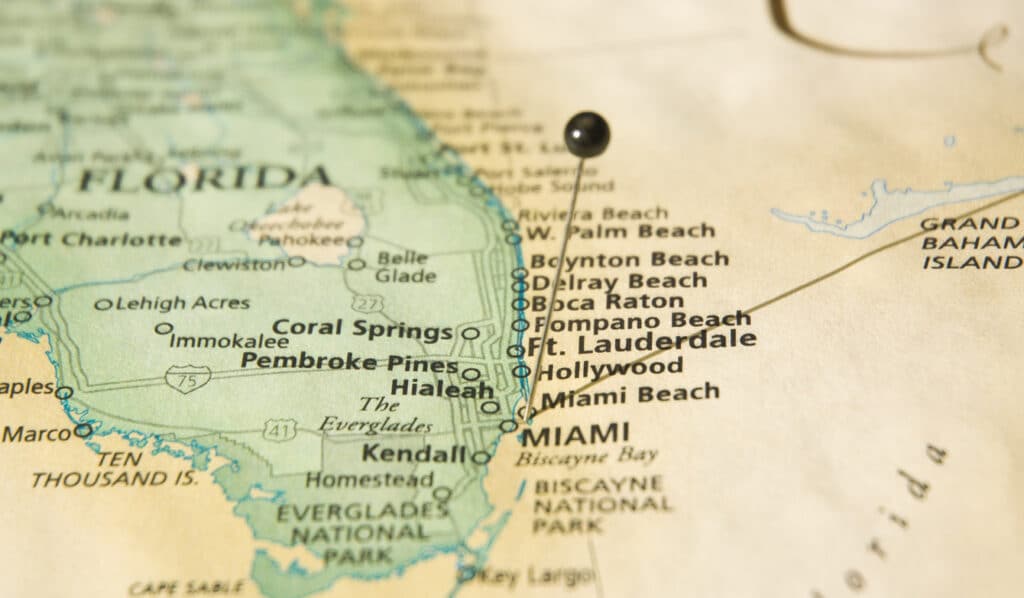 Road Map Macro Of Miami Florida And Atlantic Coastline with travel pin