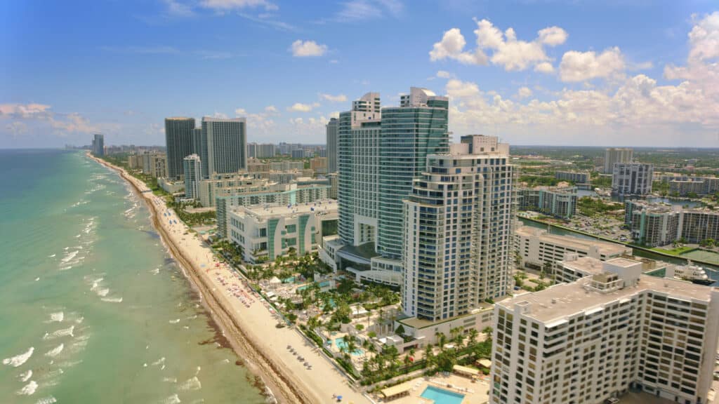 Aerial view of hotels on the waterfront in Hollywood, Florida, USA.