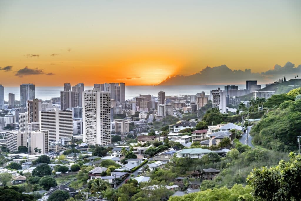 Colorful Sunset Sun Going Down Tantalus Outlook Houses Office Buildings Downtown Honolulu Hawaii