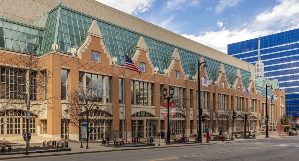 Convention and Exhibition Center in Downtown Milwaukee. Brown and green building