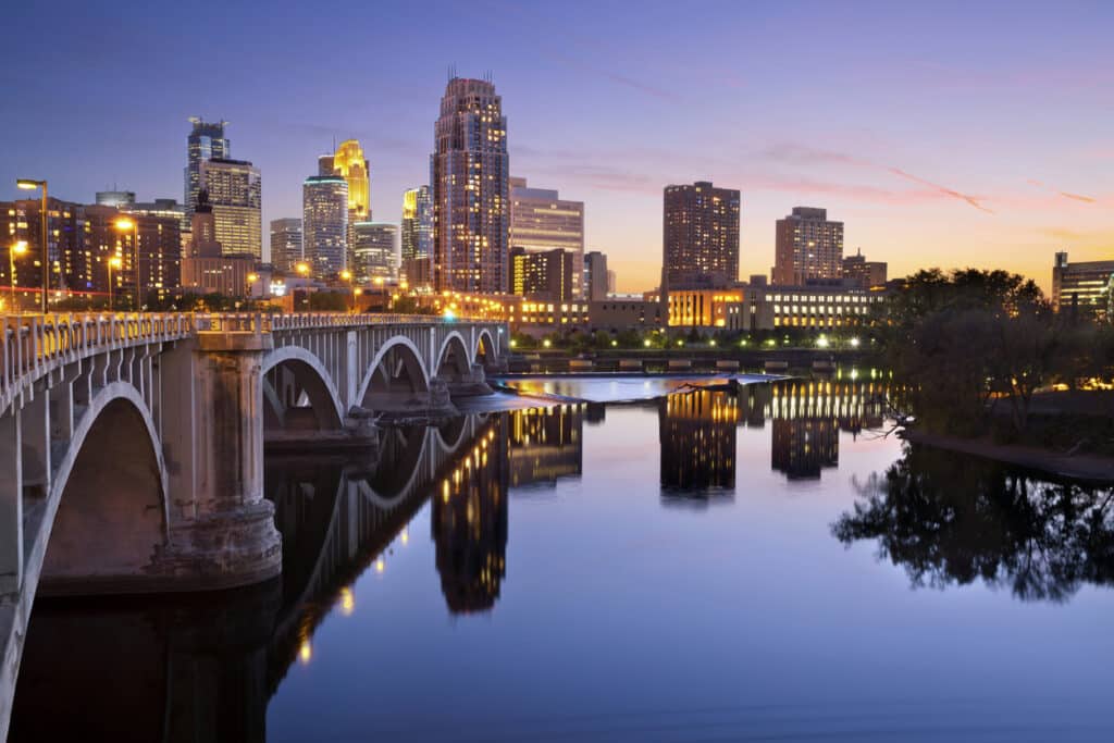 Image of Minneapolis downtown skyline at sunset.