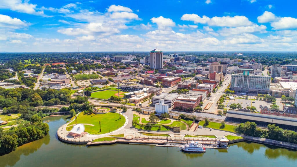 Montgomery, Alabama, USA Downtown Drone Skyline Aerial Panorama.