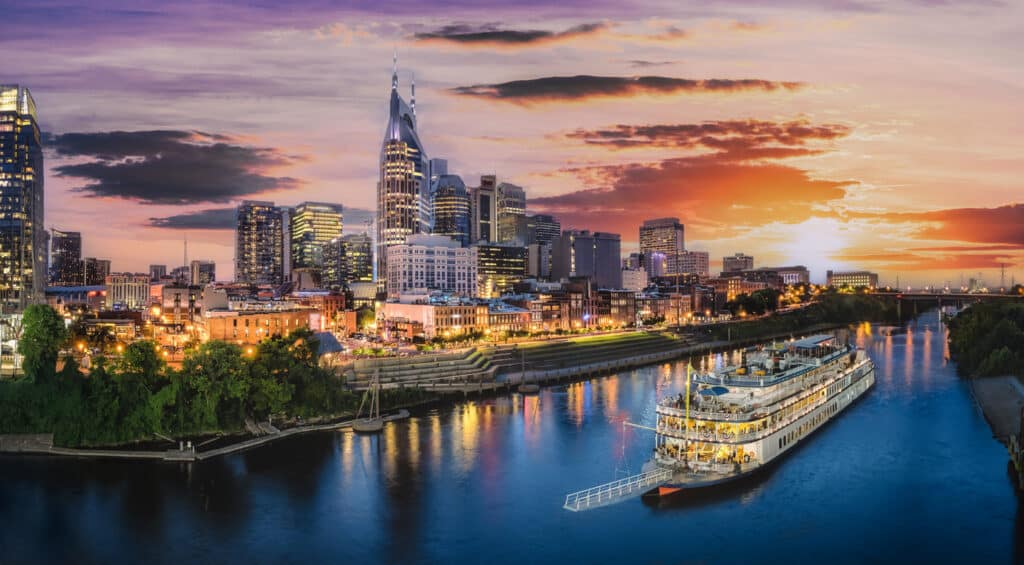 Nashville skyline with river and sunset