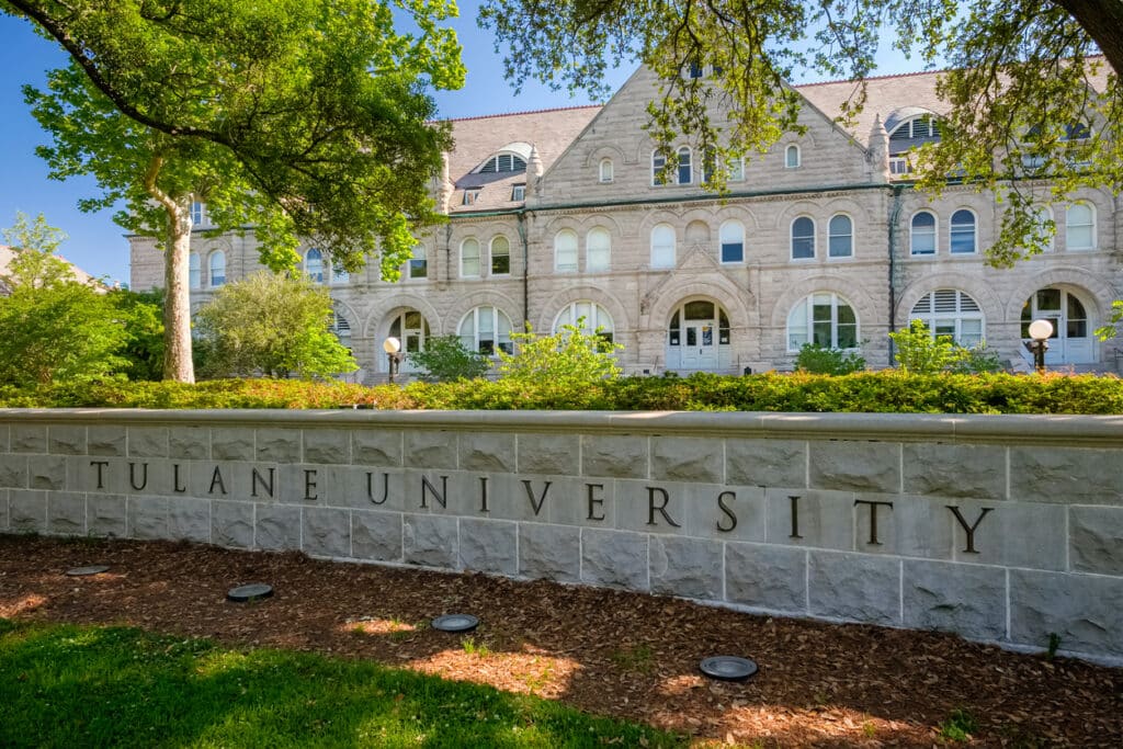 Tulane University in New Orleans, LA sign and campus