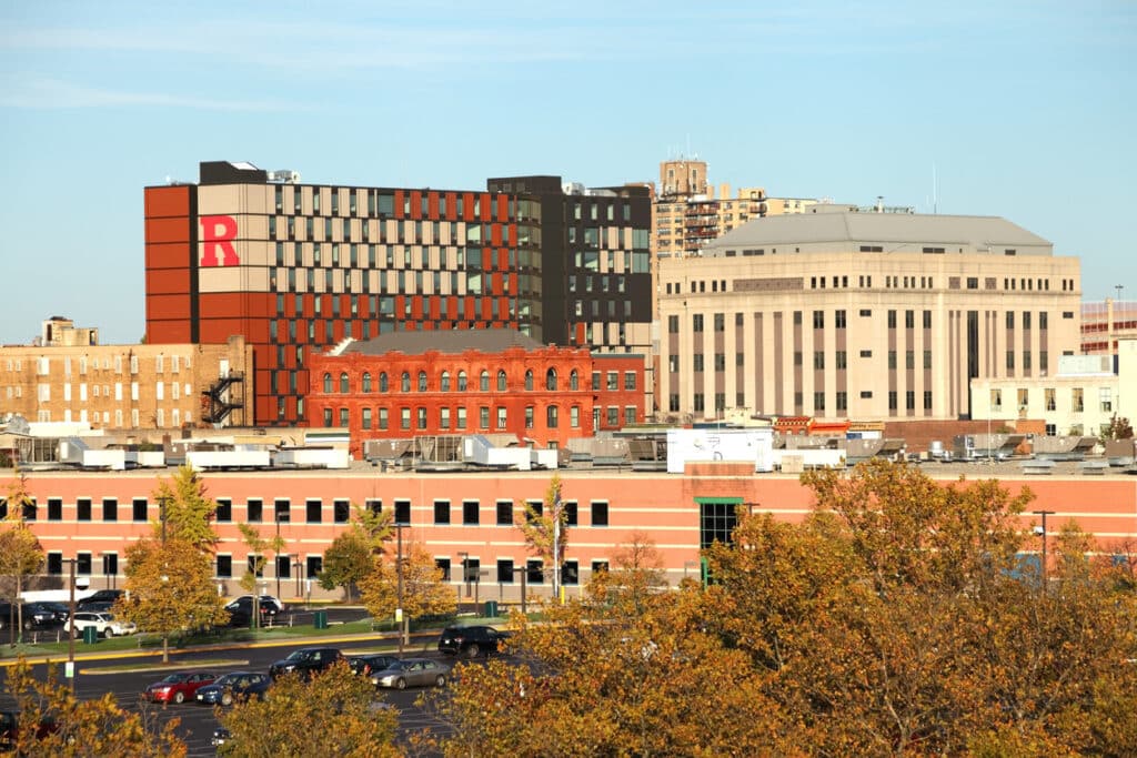 View of Rutgers University Camden in Newark, NJ. Tan and red buildings