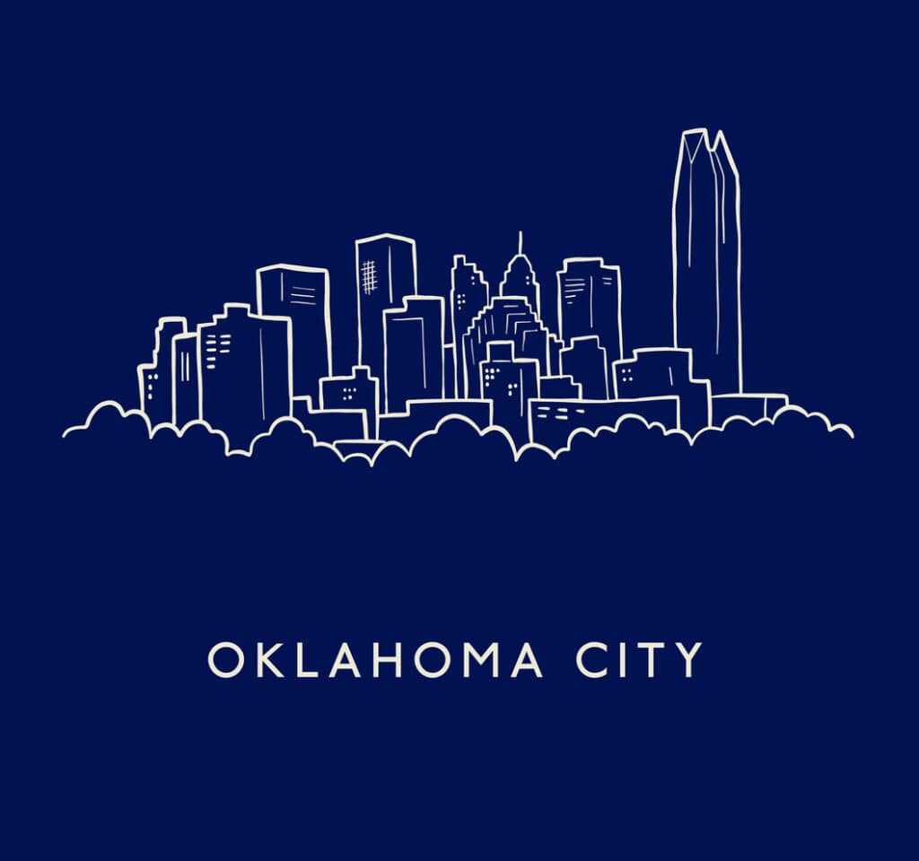 Hand drawn, cartoon style sketch of the skyline of Oklahoma City