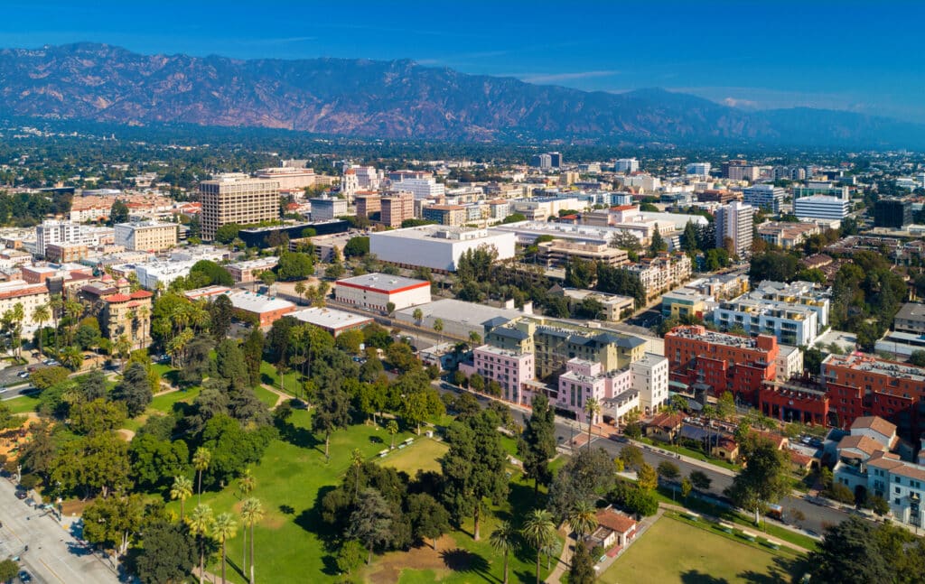 Downtown Pasadena Aerial With Mountains and Park