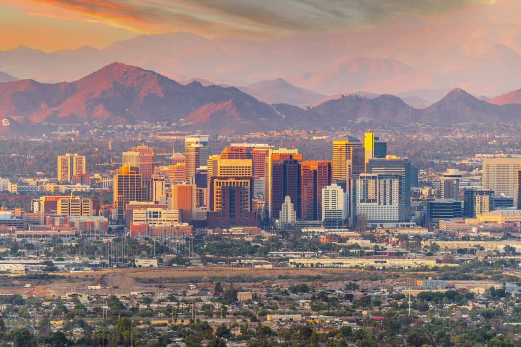 Phoenix, AZ skyline at sunset