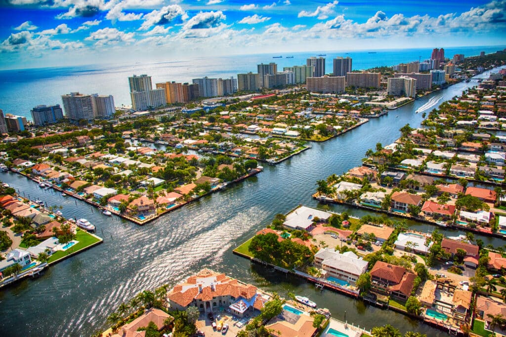 The Intracoastal Waterway as it bisects a residential neighborhood in the Pompano Beach area of South Florida just north of Fort Lauderdale.