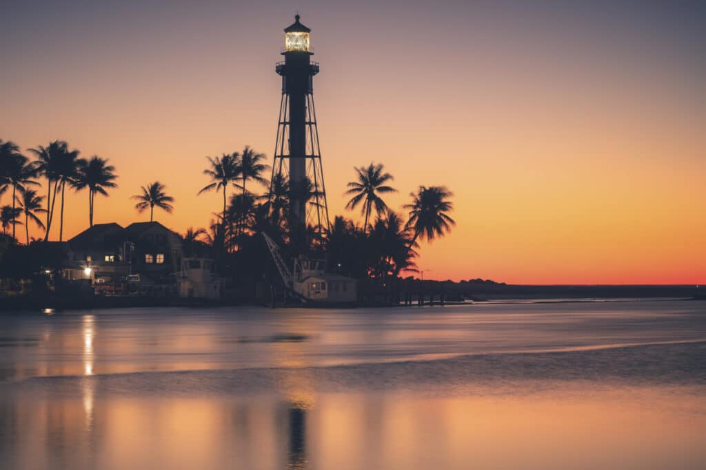 Hillsboro Inlet Lighthouse at sunrise. 
Hillsboro Beach, Florida, USA.