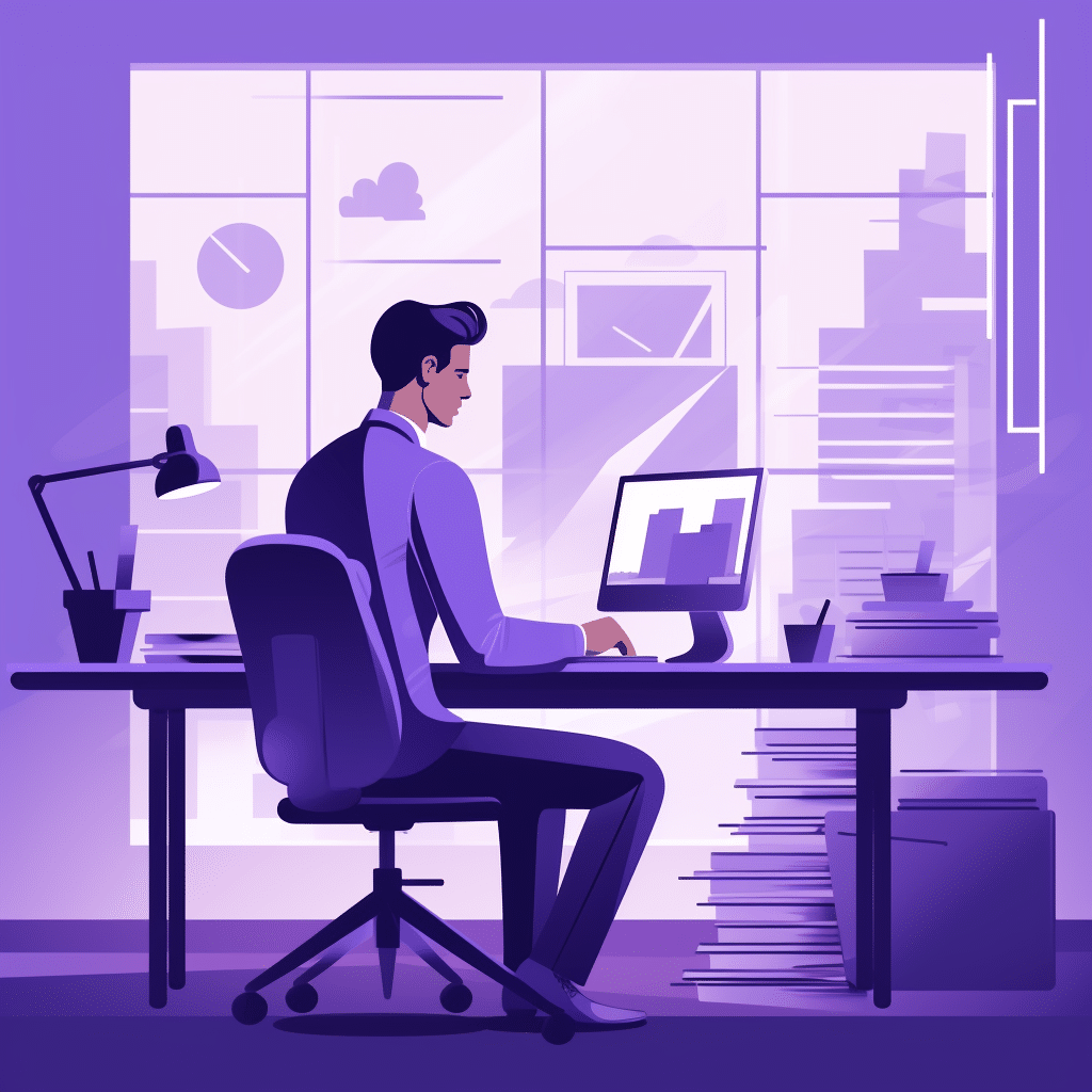 Illustration of an accountant working at a computer in his office