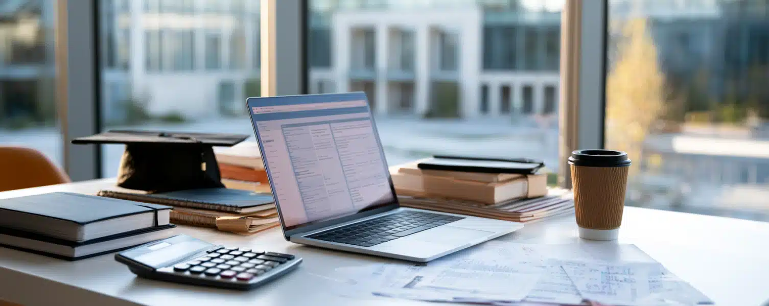 Student studying an online business degree on a laptop with financial planning documents, textbooks, and graduation cap in a modern home workspace.