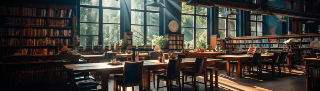 A large public or university library filled with books and many tables for studying