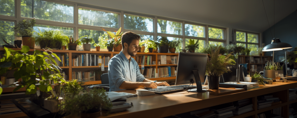 a librarian in a brightly-lit library surrounded by small plants, a male librarian dressed in a button up shirt