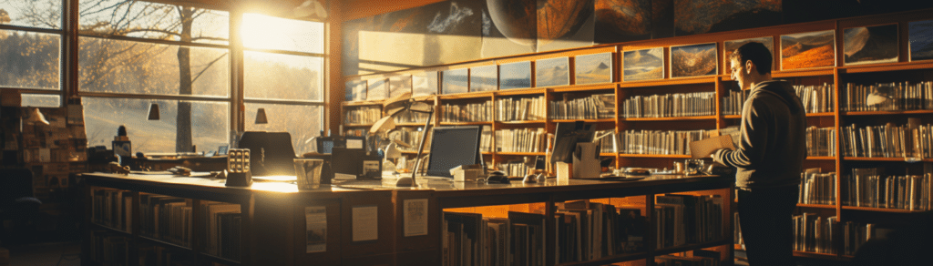 A male college student dressed casually standing around a librarian's desk and computers. The library has scenic photos of landscapes and a window with the sun shining through.