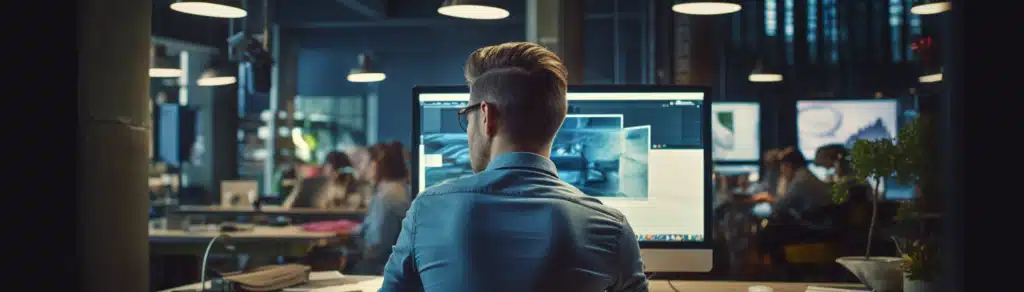 man working in technology at his corporate office space