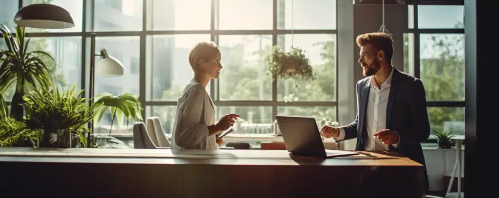 Man and woman discussing technology while on laptop