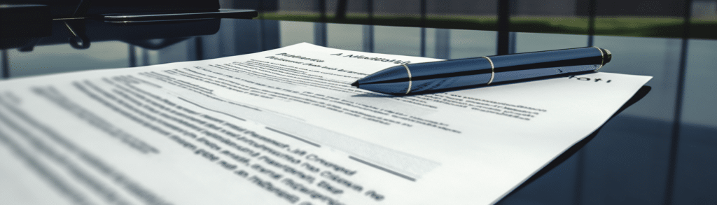 a close-up of a contract on a glass desk with a pen on top