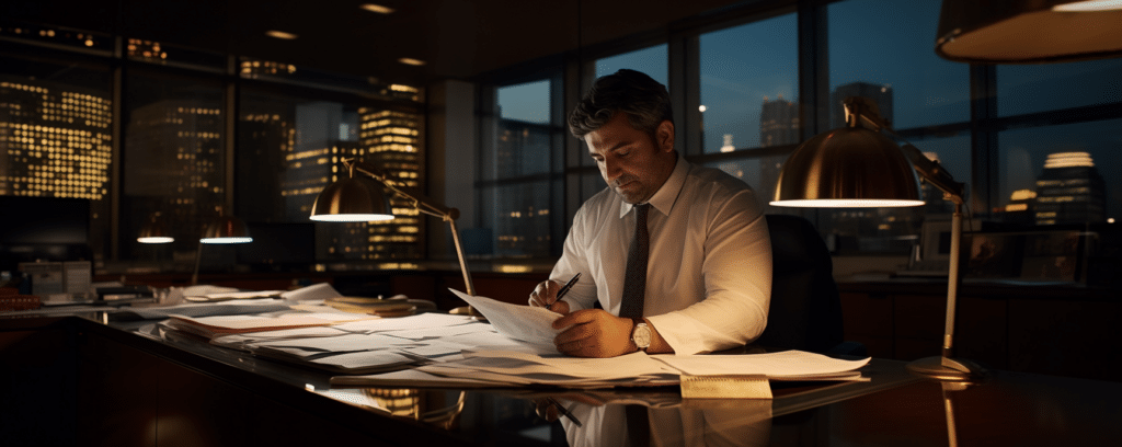 a man working in a dimly lit corporate office sifting through different paperwork for a contract