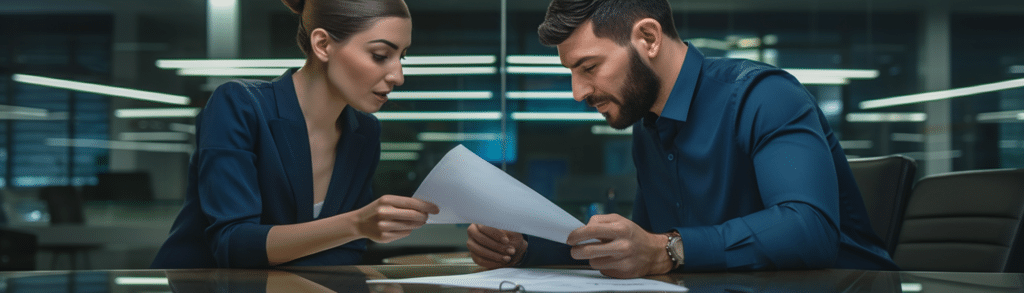 a woman and a man discussing the terms of a contract together, both of them are dressed in business casual attire in a corporate office space