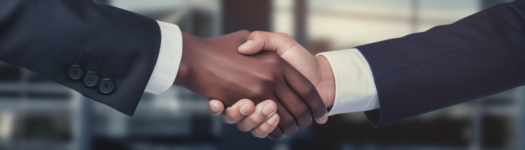 a close-up of two people shaking hands wearing business casual attire