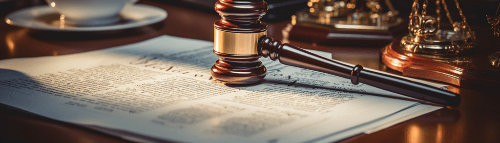 a close-up photo of a legal contract on a desk with a gavel on top