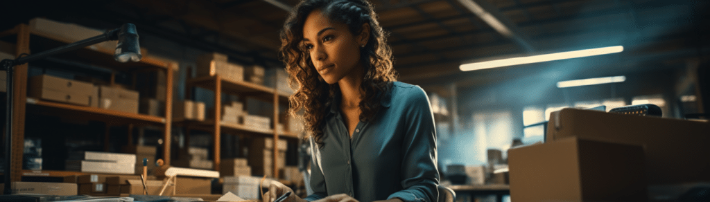 woman dressed business casual sitting at a desk in a warehouse setting