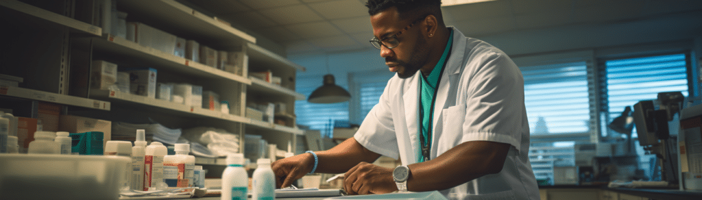 A photo of a African American man working in a pharmacy room as a pharmacist technician