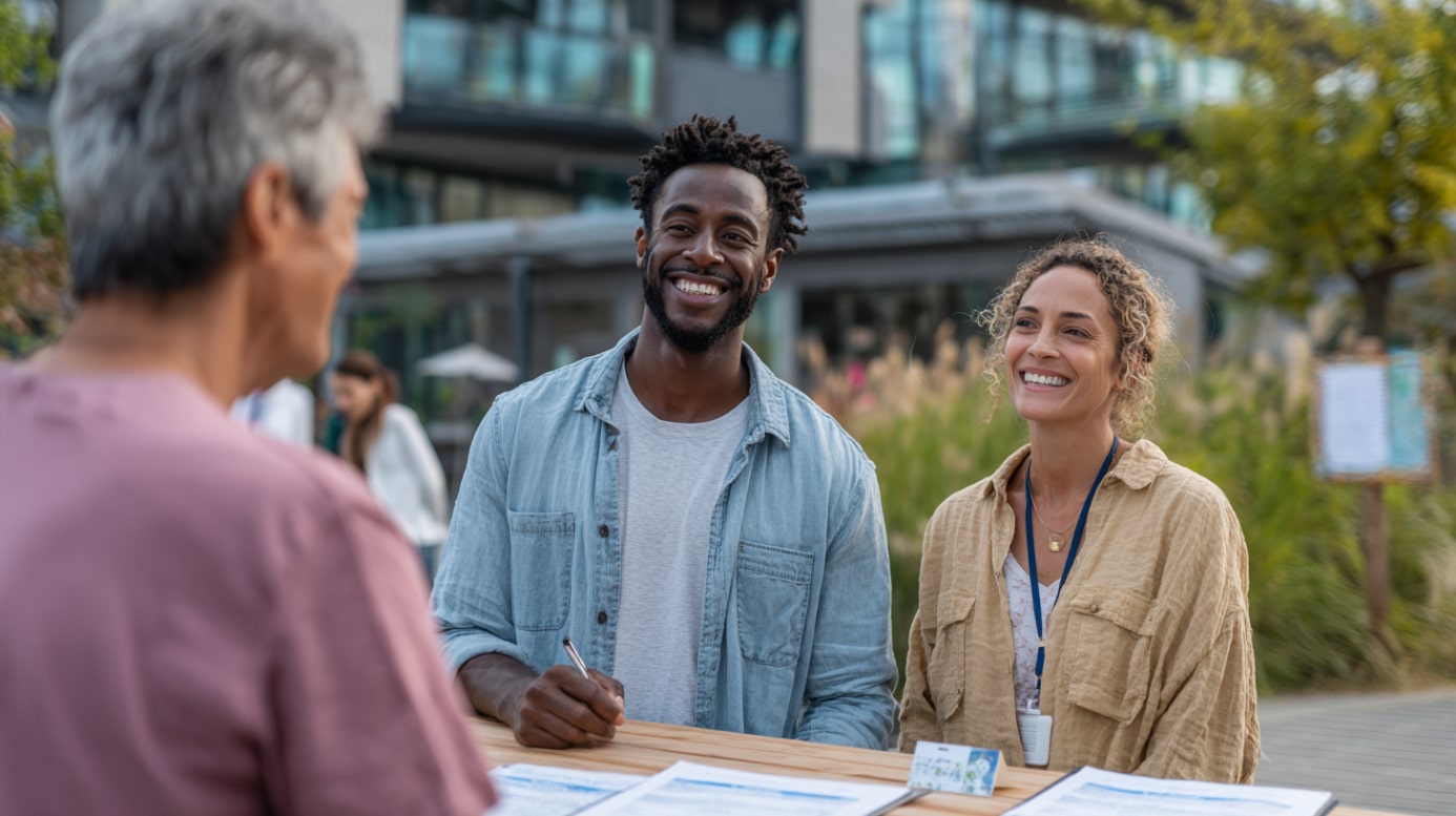 Two community healthcare workers speaking with a visitor at a health fair outside a large building.